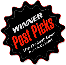 Black scalloped badge with white text 'WINNER' and red text 'Post Picks' and white text 'The Coolest Gear from NAB 2012'.