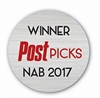 Circular silver badge with text: WINNER PostPICKS NAB 2017