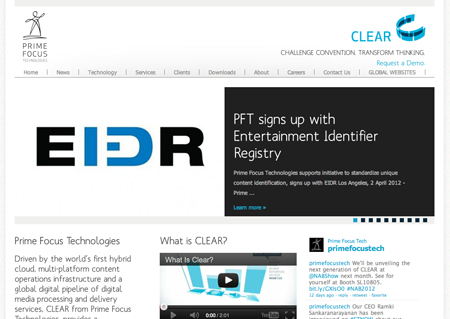 Website homepage for Prime Focus Technologies featuring the EIDR logo and news about PFT signing up with the registry.