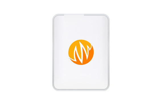 A white rectangular electronic device featuring an orange circular logo with white flame-like patterns.