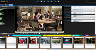 Video editing software interface displaying a cafe scene and a timeline of media clips.