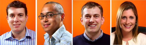 Four portraits of smiling men and a woman against a bright orange background.