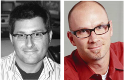 A black and white portrait of a man with glasses on the left and a color portrait of a bald man with glasses on the right.