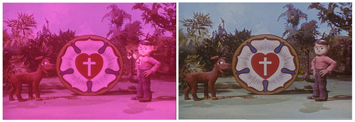 Two side-by-side panels of an animated scene with a character, a dog, and a cross emblem.