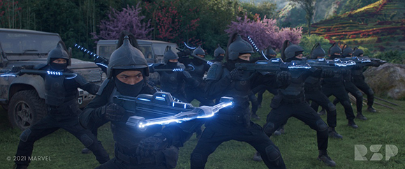 Several figures in black armor and masks aim futuristic weapons with glowing blue lights.
