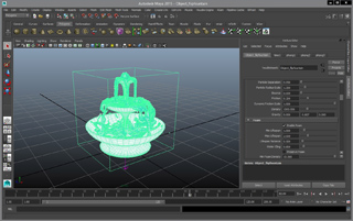 Screenshot of Autodesk Maya 2013 software displaying a green wireframe 3D model of a fountain.