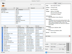 Interface of Express Track 4 software showing a music library list and track details panel.