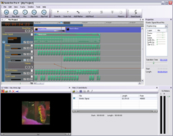 A digital audio workstation interface showing multiple green audio tracks and a video preview window.