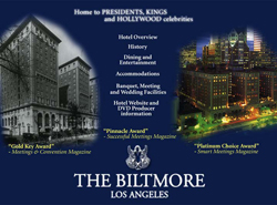 Promotional graphic for The Biltmore Los Angeles featuring building photos and a list of hotel services.