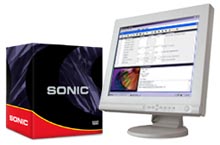 A black and red Sonic software box next to a computer monitor displaying a software interface.