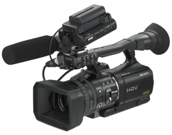 A black Sony HDV professional video camera with a large lens, microphone, and viewfinder.
