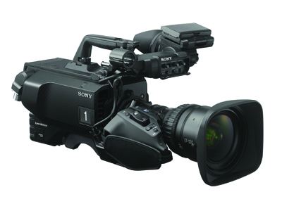 A black Sony professional video camera with a large lens and top handle.