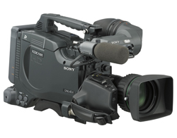A black Sony XDCAM HD professional video camera with a mounted microphone and large lens.