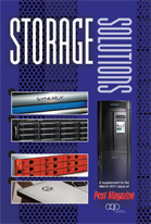 Blue magazine cover featuring various server hardware components and a tall black server rack.