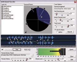 Software interface showing a circular surround panner, track list, waveform display, and level controls.