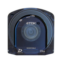 A translucent blue TDK rewritable 23GB disc case against a white background.
