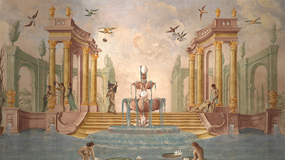 A classical mural featuring golden columns, a central fountain, and figures in a garden setting.