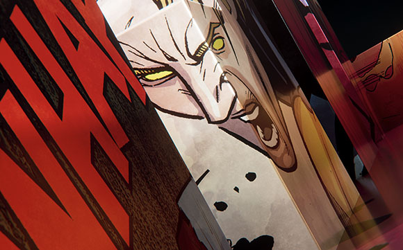 Close-up of a stylized comic book character with a wide, shouting mouth and intense yellow eyes.