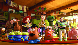 Various animated toy characters standing in a row in a brightly lit room.