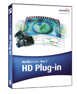 Software box for Ulead MediaStudio Pro 7 HD Plug-in featuring a video camera and film strip graphics.