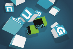 Floating 3D cubes in shades of blue, white, and green with various letters and the text 'GSN' on them.