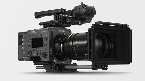 A professional Sony CineAlta cinema camera equipped with a large lens and a matte box on a studio rig.
