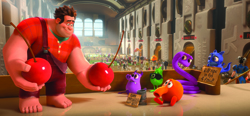 A large, red-clad character holds two giant cherries next to small, colorful creatures in an arcade.