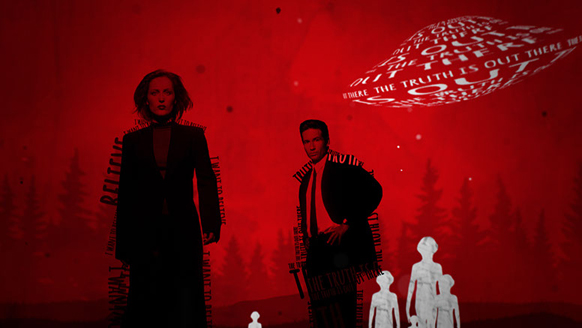 Two people stand against a red backdrop with white text overlays and silhouettes of trees and small figures.