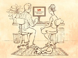 A man and woman sit at a desk with a computer displaying 'Longford Homes' while a dog rests on a rug.