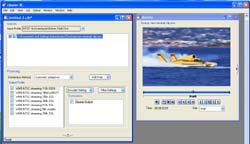 Software interface showing a file list and a video player window with a boat on water.