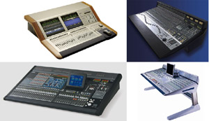 Four different types of professional digital audio mixing consoles shown from various angles.
