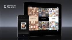 An iPhone and iPad displaying a grid of various photos on a dark background.