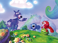 A purple wolf-like creature, a blue monster, and a red creature with a watermelon in a colorful fantasy land.