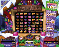 A digital slot machine game interface with candy symbols and a "Chocolate Fantasy" title.