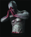 A muscular, pale humanoid figure with red markings on its face and chest against a black background.