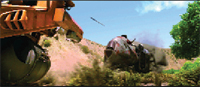 An orange excavator looms over a large, dark animal in a dusty, hilly landscape under a blue sky.