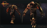 Two muscular, armored warriors in dark, combat gear standing against a dark, smoky background.