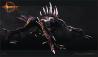 A dark, multi-limbed creature with sharp white spikes along its back and claws.