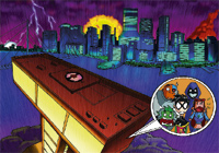 A stylized cartoon city skyline under a purple sky with lightning and a group of characters in a circular bubble.