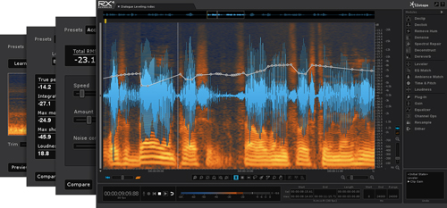 Digital audio workstation interface displaying a blue and orange waveform spectrogram.
