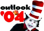 The Cat in the Hat wearing a red and white striped hat next to the text outlook '04.