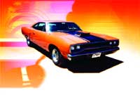 An orange vintage muscle car with a black hood stripe positioned against a vibrant orange and pink background.