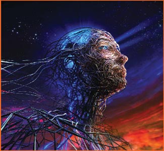 A profile of a human head made of tangled blue and silver wires amidst a starry, colorful nebula.