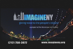 Business card for IMAGINENY featuring a night skyline and the slogan giving voice to the people's visions.